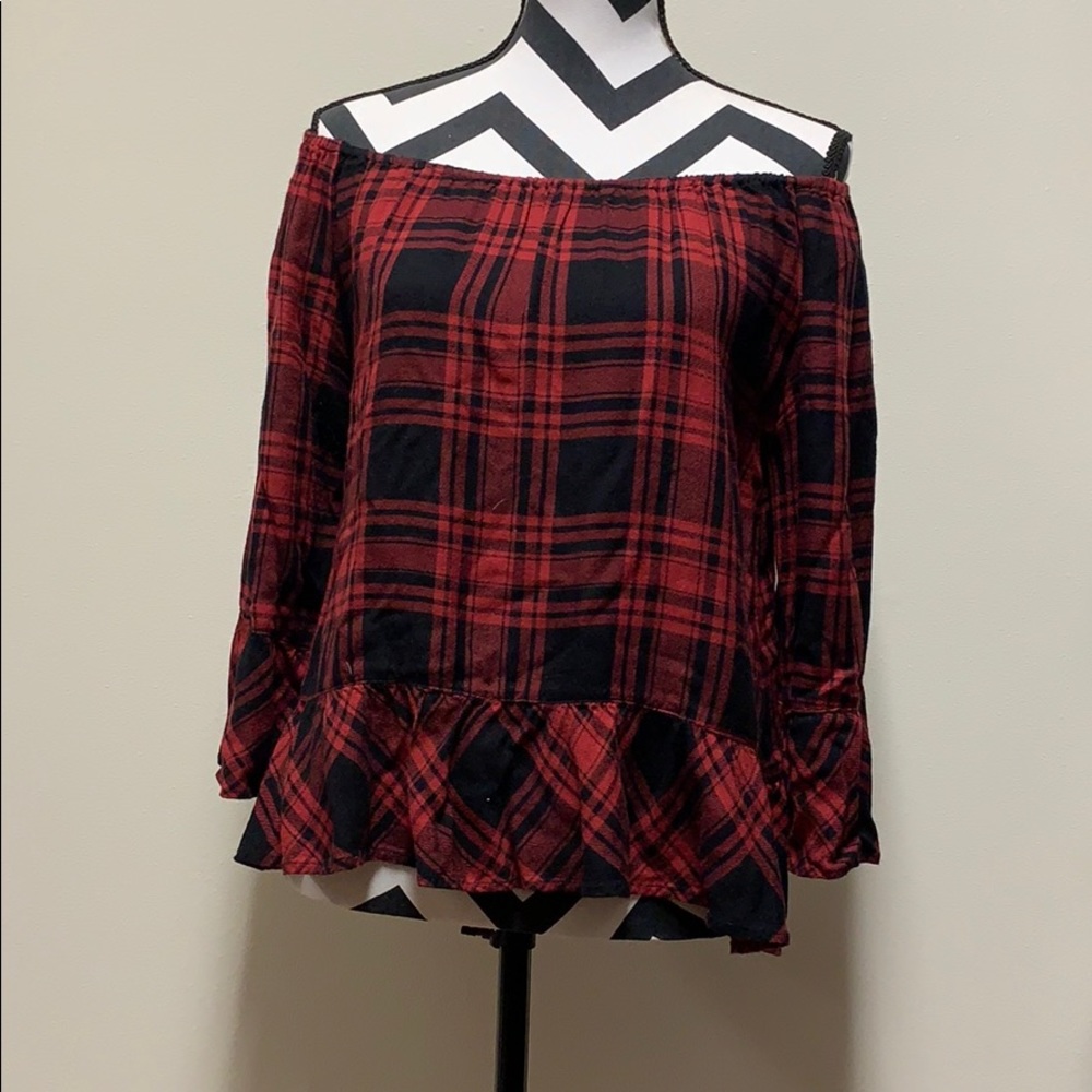 Plaid off the shoulder top